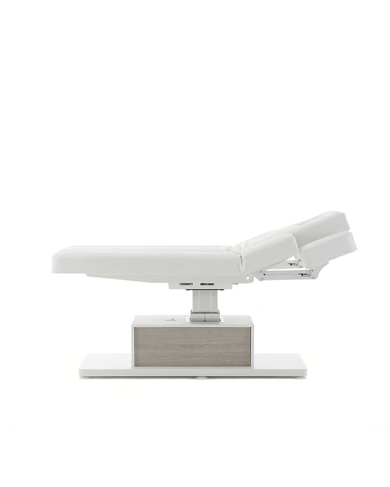 The Ben - Table de massage blanche avec détails motif chêne gris - avec moteur - avec accoudoirs réglables